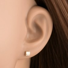 9K gold earrings - square with rounded edges, tiny clear zircons