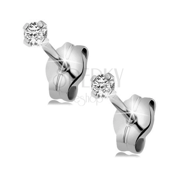 375 white gold earrings - a shiny clear round zircon, 2 mm