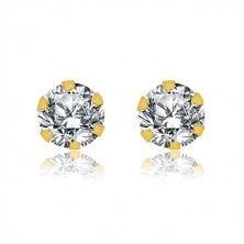 375 gold earrings - round shiny clear zircon in a mount, 4 mm
