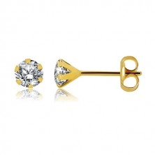 375 gold earrings - round shiny clear zircon in a mount, 4 mm