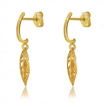 Earrings in 9K yellow gold - shiny carved leaf, slightly curved strip