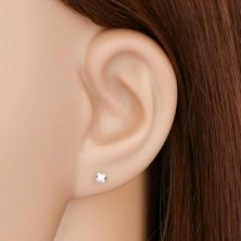 Stud earrings in 9K white gold - round clear zircon in a mount, 3 mm