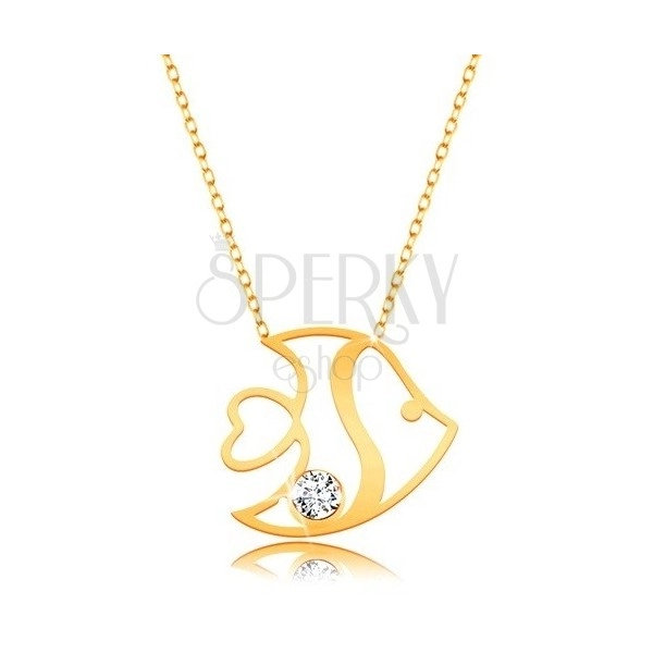 Necklace in 14K yellow gold - a shiny fish with cuts and zircons, thin chain