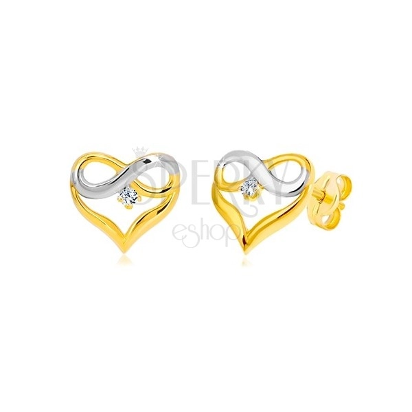 Earrings in 14K combined gold - heart contour, INFINITY symbol, zircon