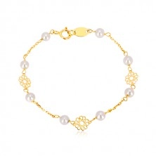Children´s bracelet in 585 yellow gold - decoratively carved flowers, pearls