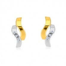 Earrings in 14K combined gold - two wavy lines, tiny zircons