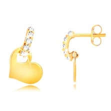 Earrings made of 9K yellow gold - zircon arc, shiny symmetrical heart