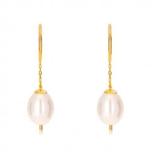 Dangling earrings in 14K yellow gold - white oval pearl, arc and thin stripe
