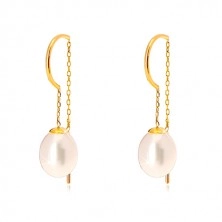 Dangling earrings in 14K yellow gold - white oval pearl, arc and thin stripe