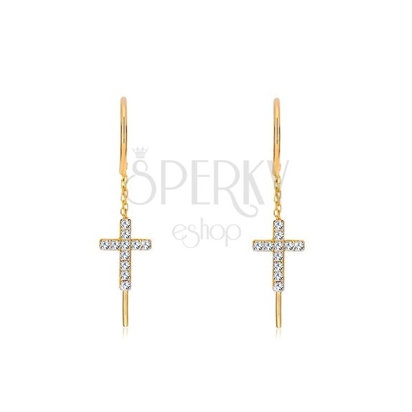 Earrings made of 585 yellow gold - Latin cross inlaid with zircons, arc, thin stripe