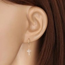 Earrings made of 585 yellow gold - Latin cross inlaid with zircons, arc, thin stripe
