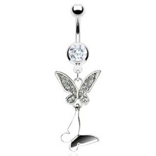Double butterfly belly button ring with zircons