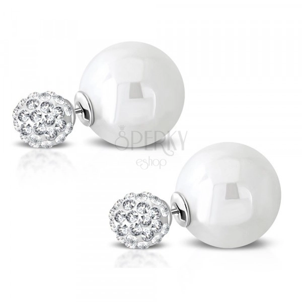 Steel earrings - glittery ball with embedded zircons, synthetic pearl