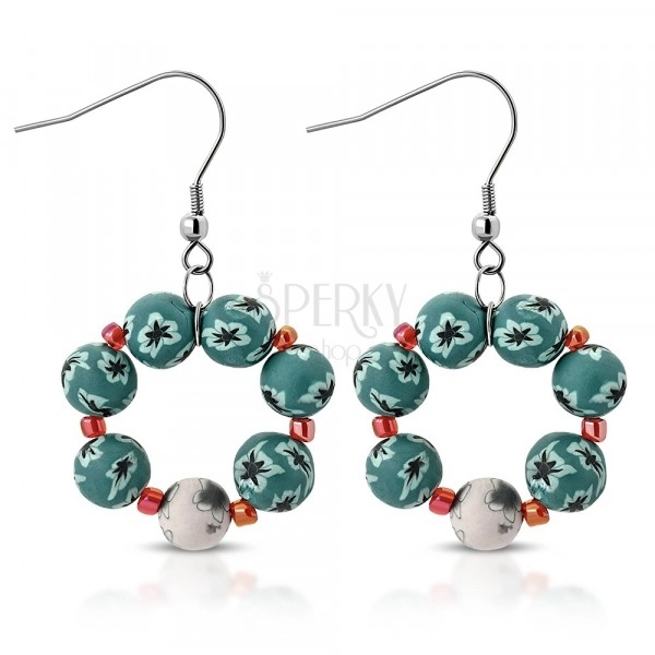 FIMO earrings - balls of white colour and blue-green colour decorated with flowers, coloured beads
