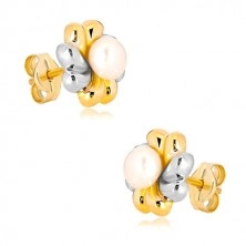 Combined 585 gold earrings - two colour flower with pearl in the centre