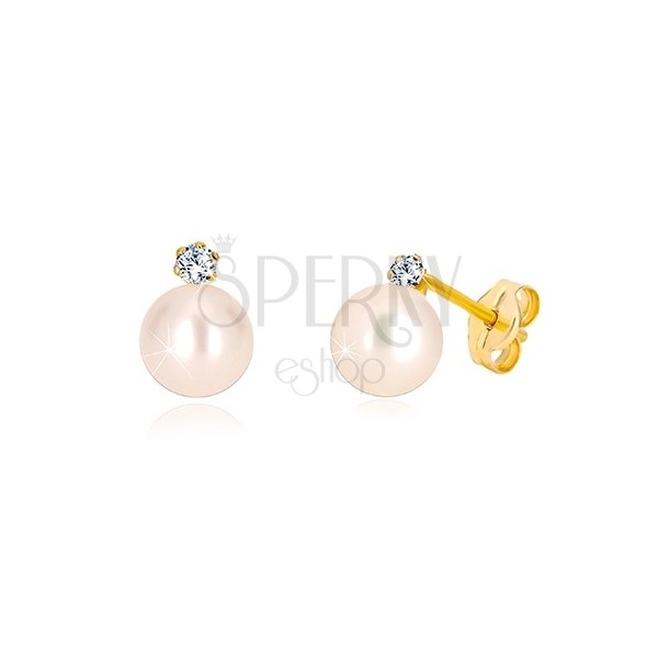 Stud earrings in 585 yellow gold - round white pearl, clear zircon
