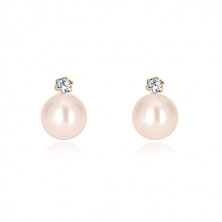 Stud earrings in 585 yellow gold - round white pearl, clear zircon