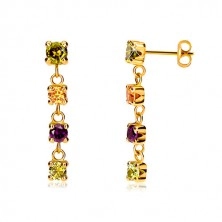 14K yellow gold earrings - four round colourful zircons