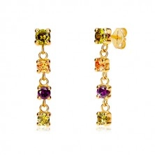 14K yellow gold earrings - four round colourful zircons