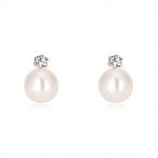 585 yellow gold earrings - white round pearl, clear groun zircon, studs