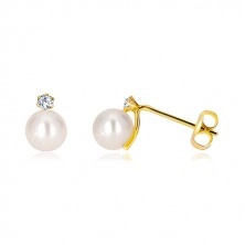 585 yellow gold earrings - white round pearl, clear groun zircon, studs