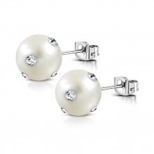 Steel earrings - white synthetic pearl, shiny clear zircons, studs