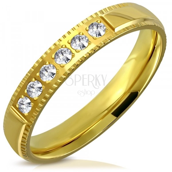 Steel ring in gold hue - decorative edges, six zircons, 4 mm