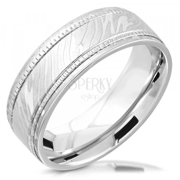 Stainless steel wedding ring - two serrated lines, zebra motif, 8 mm