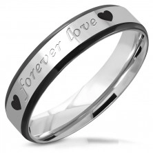 Steel wedding ring - inscription "forever love" and heart, black bevelled edges, 5 mm
