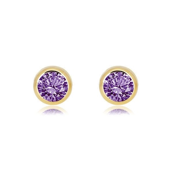 375 yellow gold earrings – natural amethyst in a shiny round mount