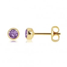 375 yellow gold earrings – natural amethyst in a shiny round mount