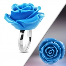 Stainless steel ring – blooming rose, shiny blue resin