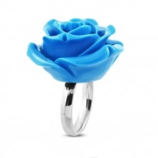 Stainless steel ring – blooming rose, shiny blue resin