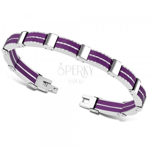 Bicolour steel bracelet – multi-links, violet rubber strips