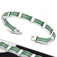 Bicolour steel bracelet – multi-links, green rubber strips
