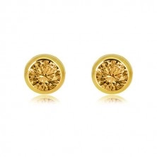 14K gold earrings – ground light yellow citrine, round mount, studs