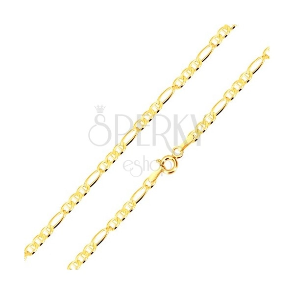 Yellow 585 gold bracelet - oblong ring, three oval rings with stick, 200 mm