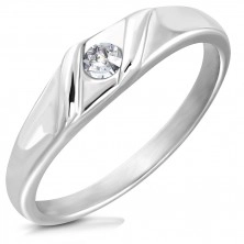 Shiny stainless steel ring - shiny round zircon, two wavy lines