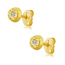14K yellow gold earrings - sun, shiny zircon in the middle
