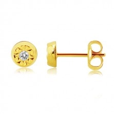 14K yellow gold earrings - sun, shiny zircon in the middle