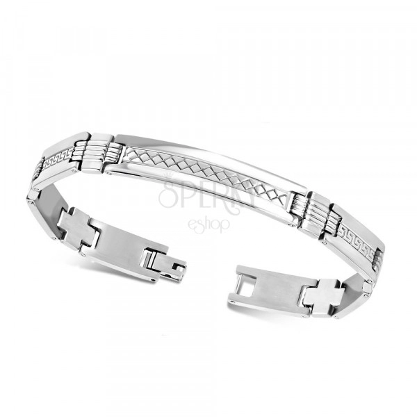 Steel bracelet with plate - shiny "H" links, Greek key motif