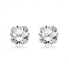 14K white gold earrings - shiny zircon gripped with four prongs, 5 mm
