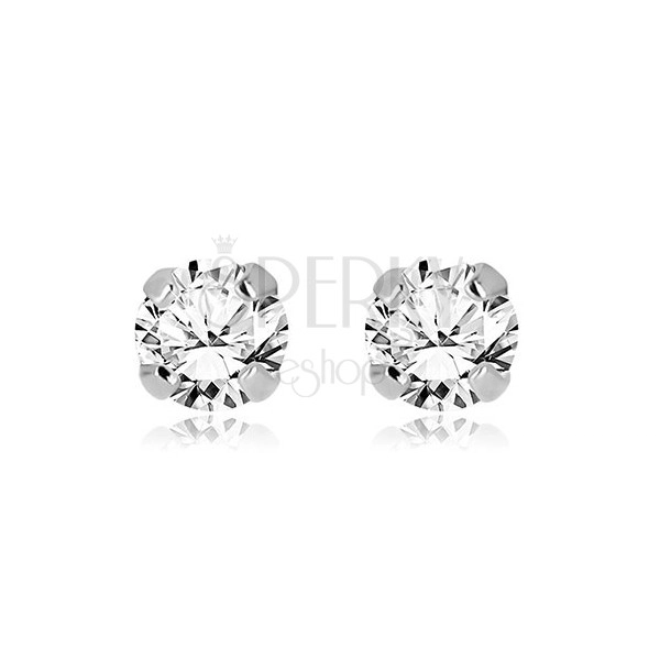 14K white gold earrings - shiny zircon gripped with four prongs, 5 mm