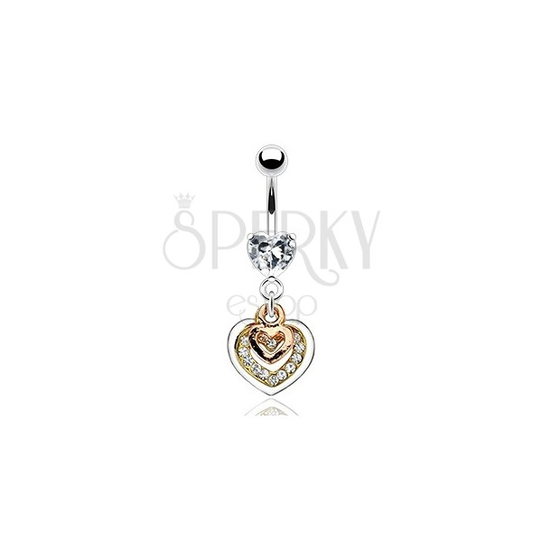 Belly piercing - hearts of copper, gold and silver colour, clear zircons