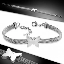 Silver steel bracelet, mesh design, shiny butterfly