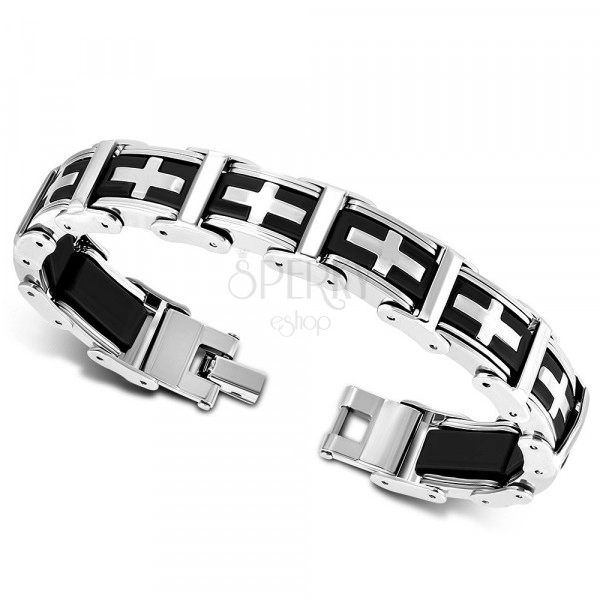 Two-colour bracelet of steel and rubber - multi-links, Latin cross