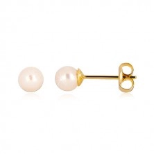 Yellow 9K gold earrings - round freshwater pearl of white colour