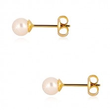 Yellow 9K gold earrings - round freshwater pearl of white colour