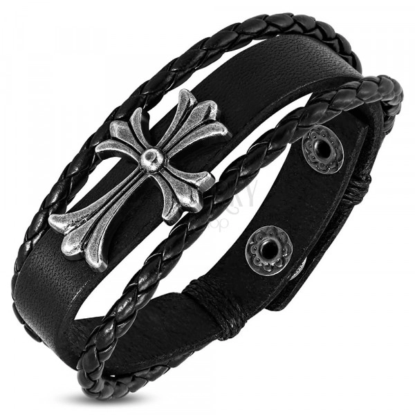 Leather bracelet of black colour - cross decorated with motif of Fleur de Lis, braids