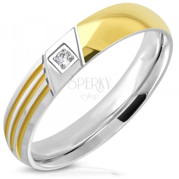 Two-colour stainless steel wedding ring - clear zircons, three narrow lines, 4 mm